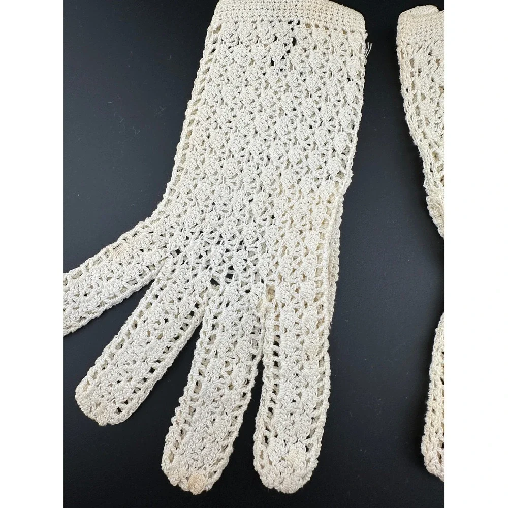 Vintage 40s Hand Crochet Gloves France Post WWII Ivory Lace Formal Bridal
